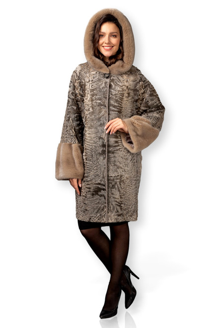 Beige SWAKARA Mink Coat Hooded  Front