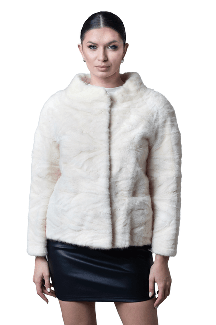 Tan Mink Fur Jacket Waist Length Rhinestone Sleeve Chain  front view