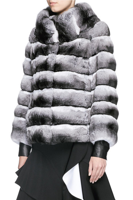 Chinchilla Jacket Turtle Neck Collar waist length worn over leather jacket and designer dress Chinchilla Jacket Turtle Neck Collar waist length worn over leather jacket and designer dress