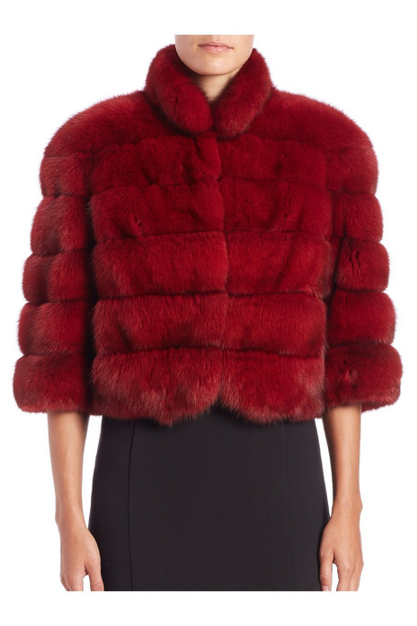 red sable fur jacket waist length with elbow length sleeves on model wearing black knee length dress