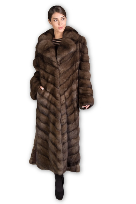 full length , brown russian sable fur coat with notched collar  and diagonally stitched pelts