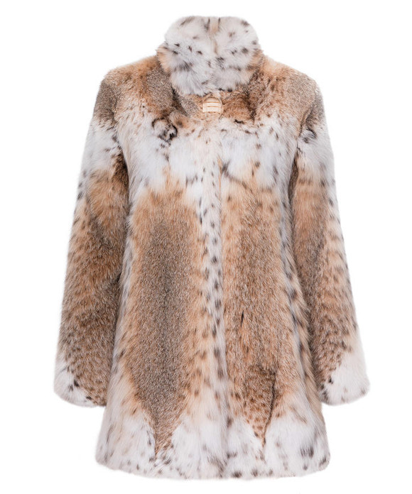 lynx fur coat mid-hip length , fit in waist , sewed with white lynx fur on collar , chest height and bottom sweep