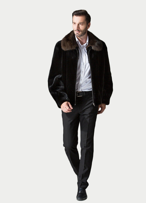 Mens MInk Fur Coat Black with Mahogany Collar | SKANDINAVIK FUR