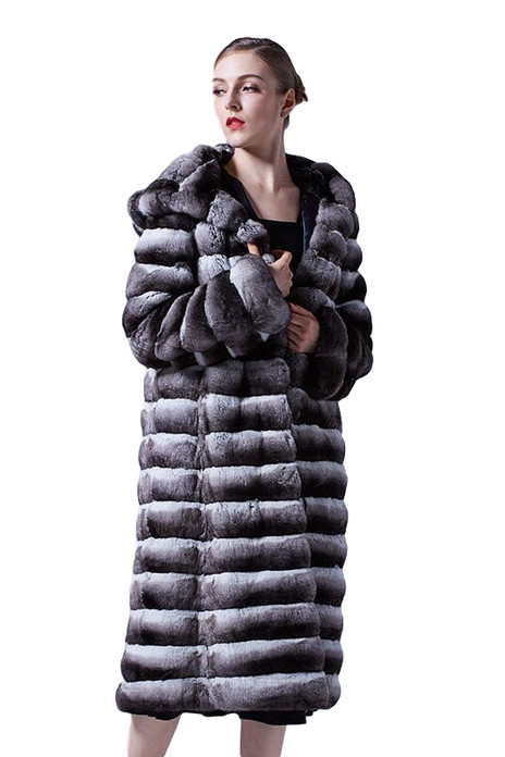 Long Chinchilla Coat Hooded 3/4 Length with skins stitched across on model with french hair knot