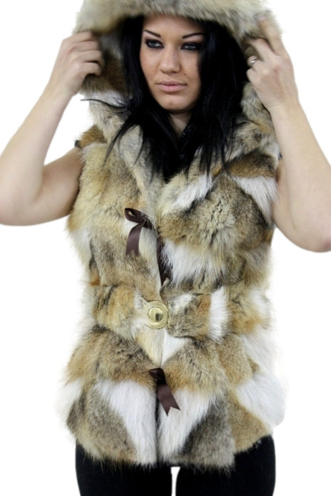 red fox fur vest on brunette tall model hood on blue eyes red fox fur vest on brunette tall model hood on blue eyes