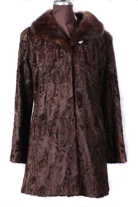 Brown Persian Lamb Fur Coat Mink Fur Collar Fit in Waist
Brown Persian Lamb Fur Coat Mink Fur Collar Fit in Waist