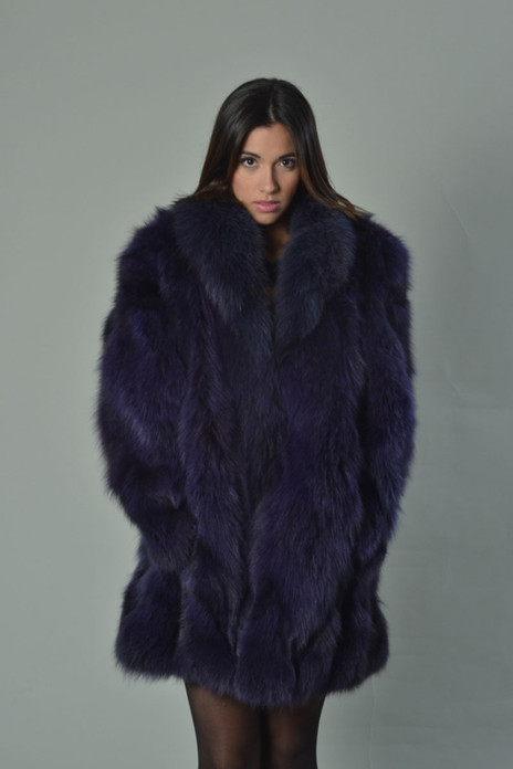 Purple Fox Fur Coat  with shawl fox collar halfskin knee length