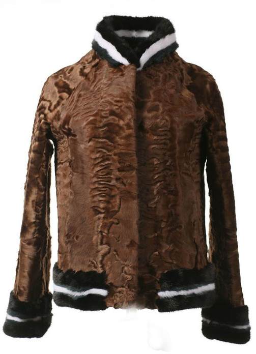 Brown Persian Lamb Fur Jacket with Mink Trim