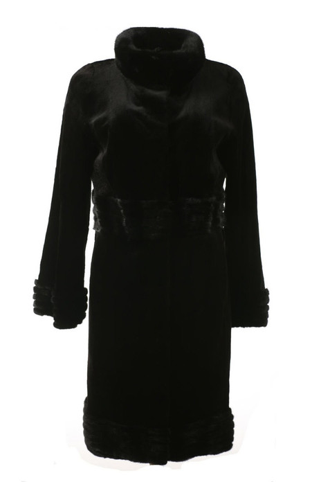 Black Sheared Mink Stroller tapered waist bell bottom sleeves on ghost mannequin Black Sheared Mink Stroller tapered waist bell bottom sleeves on ghost mannequin