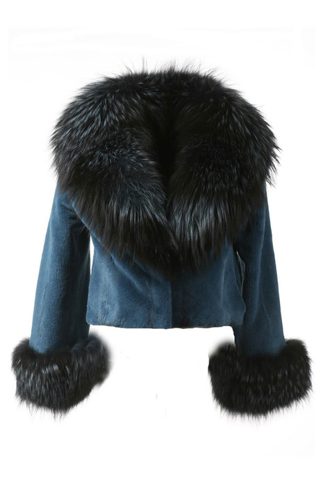 blue sheared mink fur jacket with fox  shawl collar and cuffs v-neck