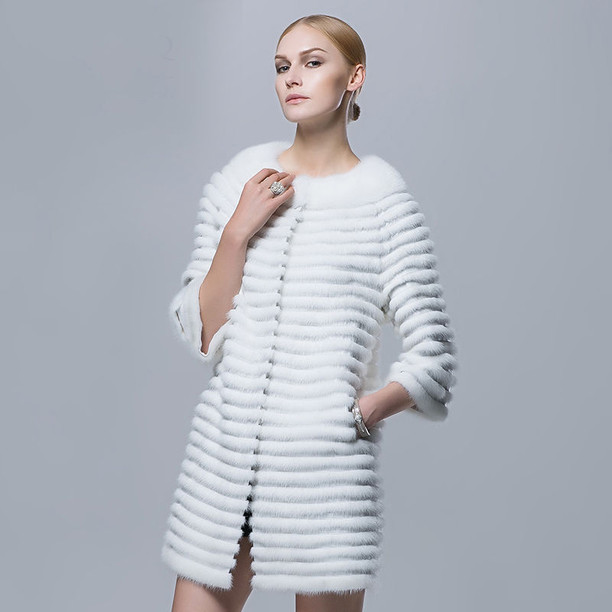 White Mink Fur Coat with Genuine Leather | SKANDINAVIK FUR