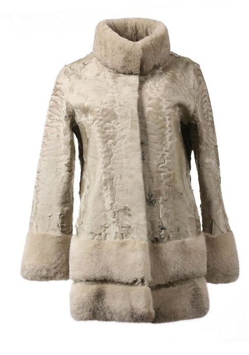 Light beige Swakara Lamb Fur Coat with Mink Skirt