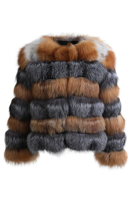 multicolor fox fur  coat with low cut collar  made of red and silver fox