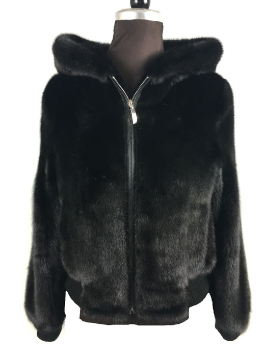 Men's black Mink Fur Bomber jacket with zipper Hooded front view Men's black Mink Fur Bomber jacket with zipper Hooded front view