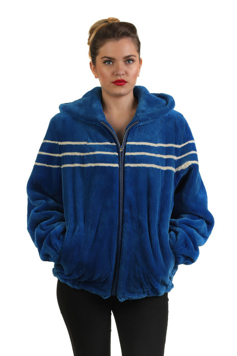 Blue Beaver Fur Bomber Jacket Hooded