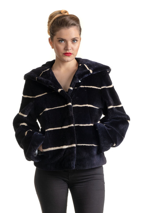 BLACK BEAVER FUR BOMBER JACKET WITH HOOD ZIPPER CLOSURE