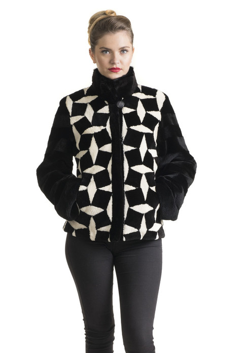 black and white sheared beaver fur jacket with zipper and stand up collar black and white sheared beaver fur jacket with zipper and stand up collar
