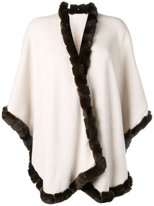 off white cahsmere wool cape with brown rex fur trim