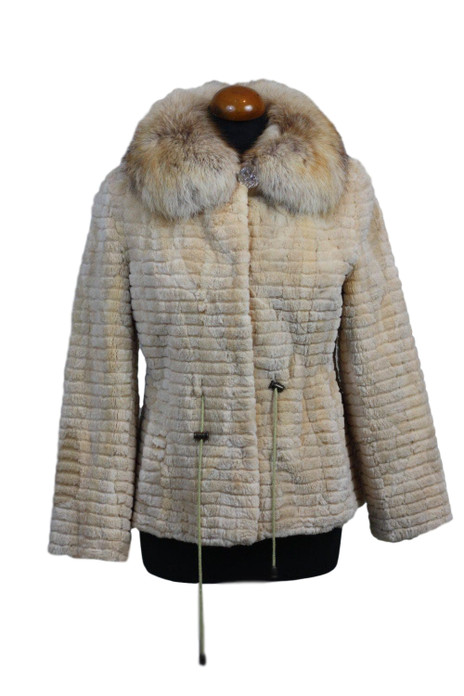cream sheared and sculpted beaver fur jacket with fox collar and drawstrings on mannequin cream sheared and sculpted beaver fur jacket with fox collar and drawstrings on mannequin