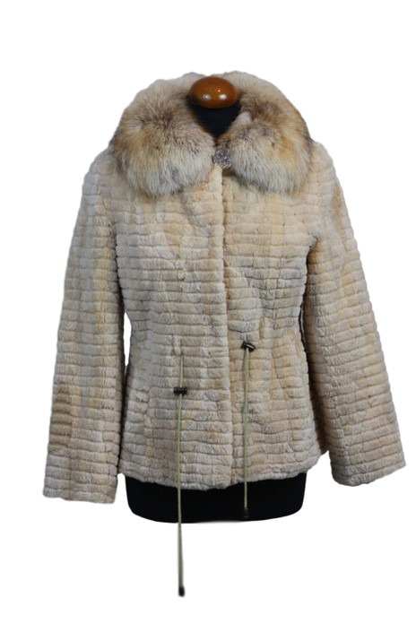 cream sheared and sculpted beaver fur jacket with fox collar and drawstrings on mannequin