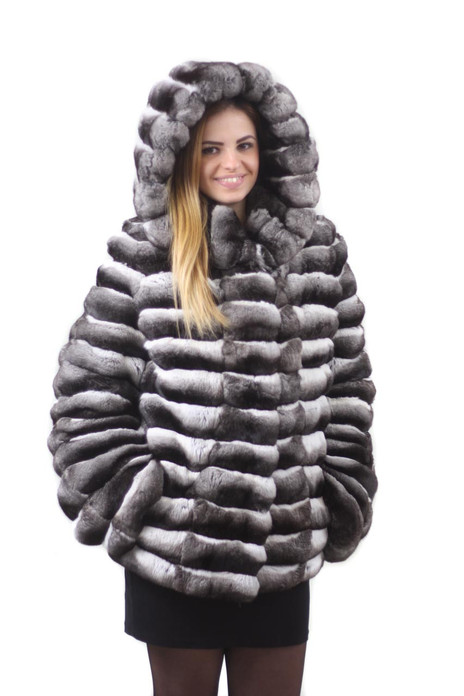 hooded chinchilla fur coat mid hip length
