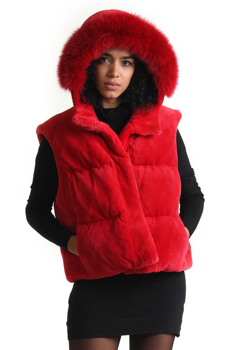 red hooded beaver fur vest with fox trim down insulation