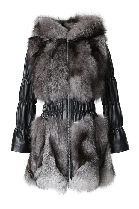  Blue Frost Fox Fur Jacket Hooded Leather Sleeves Waist