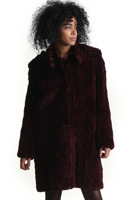 sculpted purple beaver fur coat turning to short jacket with zipper removal of lower part sculpted purple beaver fur coat turning to short jacket with zipper removal of lower part