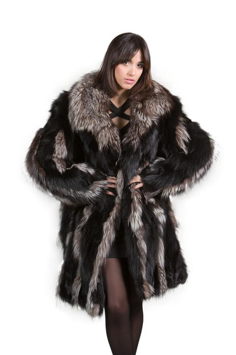 Black Silver Fox Fur Coat Shawl Fox Collar