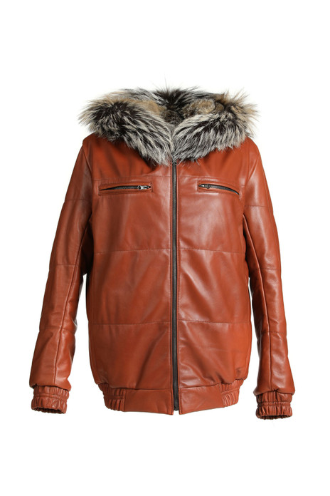 mens fox fur and lamb leather bomber jacket with zipper closure