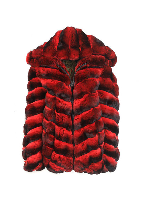 mens red chinchilla fur bomber jacket hooded with elsticized waist and cuffs