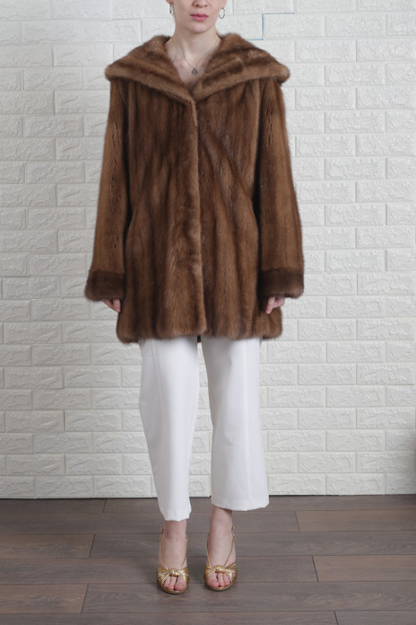 Brown Hooded Mink Fur Coat Tapered Waist M L