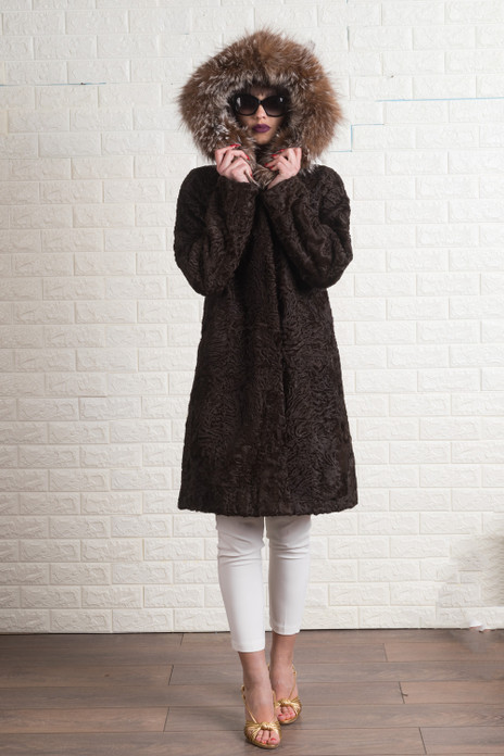 Brown Hooded Persian Lamb Fur Coat Yvonne