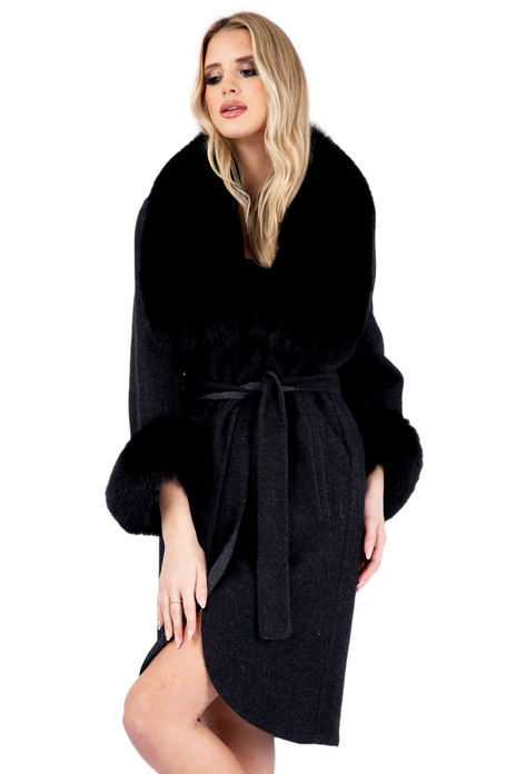 Black Cashmere Coat Fox Shawl Collar & Cuffs Fiona