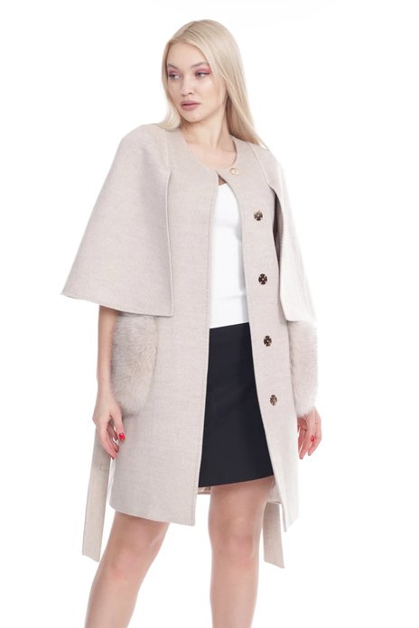 Cashmere Coat Fox  Fur Trim Moon Mist