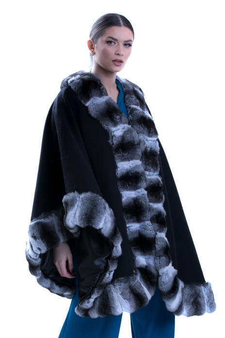 black cashmere cape with chinchilla fur trim 