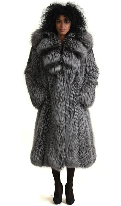 saga fox fur coat silver 3/4 length with hood fully let out , shawl fox collar styled in waterfall pattern  fit in waist and widened bottom sweep