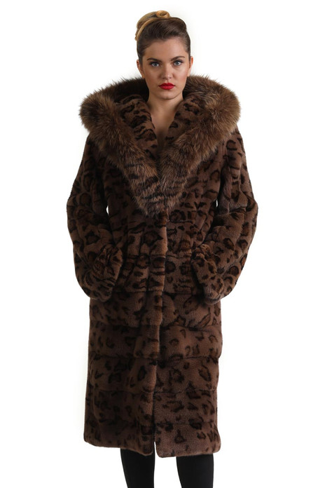 animal print 3/4 length hooded mink fur coat with fox trim on hood ending as shawl collar