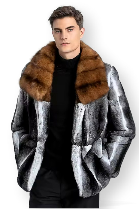 Men's Chinchilla Fur Bomber Sable Collar Men's Chinchilla Fur Bomber Sable Collar