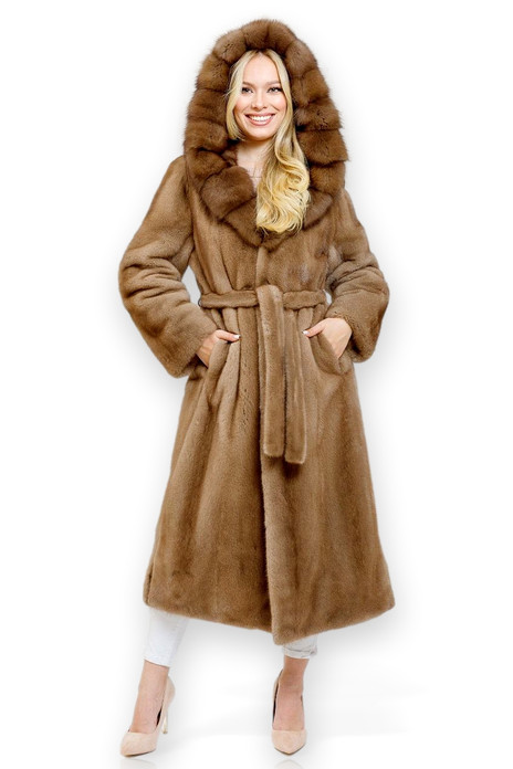 Long Mink Sable Hood Coat front hood on Long Mink Sable Hood Coat front hood on