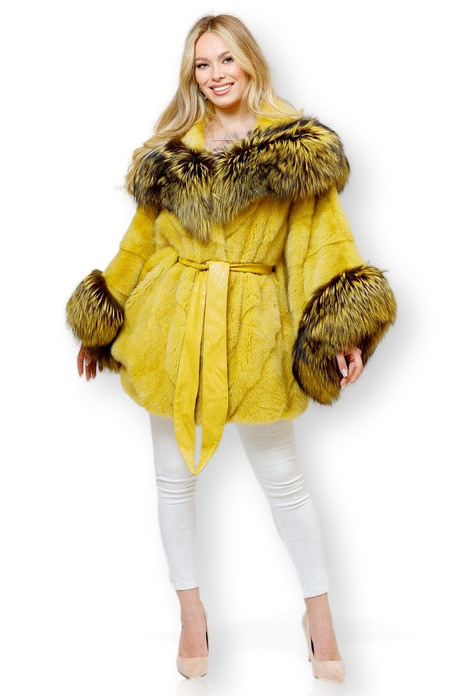 Yellow Mink Fox Fur Cape hooded front Yellow Mink Fox Fur Cape hooded front