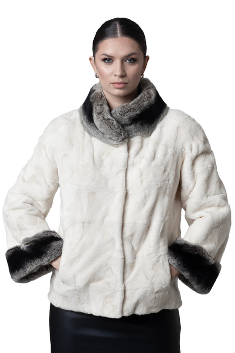 short White mink fur jacket rex chinchilla collar and cuffs on model short White mink fur jacket rex chinchilla collar and cuffs on model