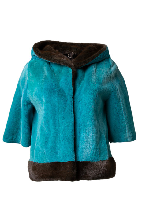 Short Hooded Turqoise Black Mink Jacket Cropped Sleeves on ghost mannequin Short Hooded Turqoise Black Mink Jacket Cropped Sleeves on ghost mannequin