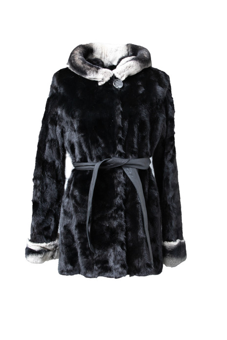 Hooded Black Mink Fur Coat Rex Fur Collar Cuffs Leather Belt front view Hooded Black Mink Fur Coat Rex Fur Collar Cuffs Leather Belt front view
