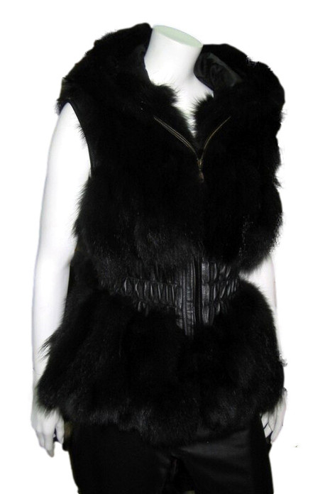 Black Fox Fur Vest Hood Leather Waist
