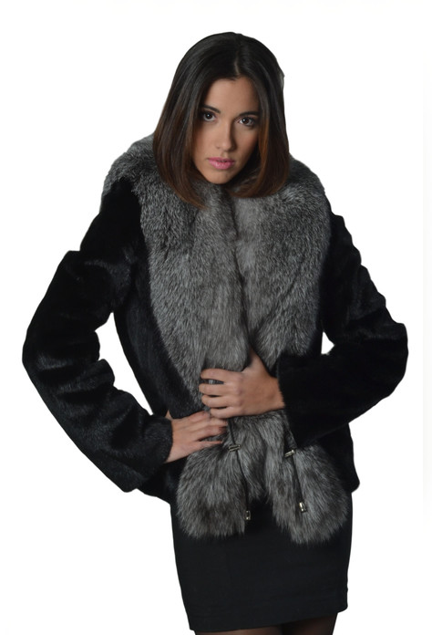 Black mink fur coat silver fox fur collar waterffall hem Black mink fur coat silver fox fur collar waterffall hem