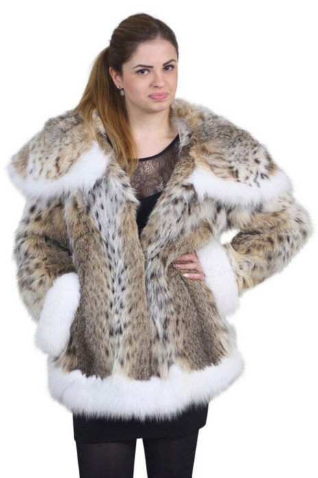 Bobcat Lynx Fur Coat Shoulder Collar with White Fox Fur Cuffs and Trim