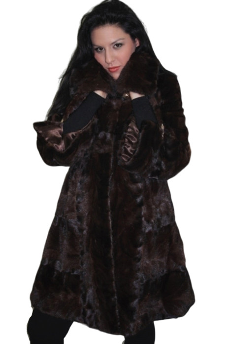 Brown Mink Fur Coat Knee Length widened bottom sweep and sleeves sectional 