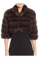 brown sable fur bolero with pelts stitched across , mid torso length and elbow length sleeves front view on model