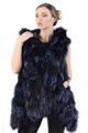 blue hooded fox fur vest with assymetric cut